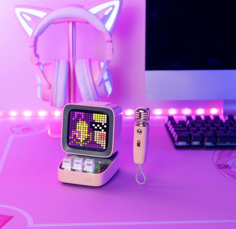 Divoom Ditoo-Mic Bluetooth Speaker with Karaoke Microphone - RGB Keyboard and Pixel Display Desktop Décor [Pink] - Image 3