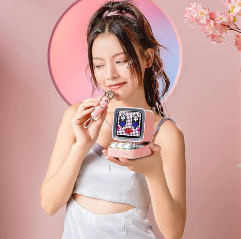 Divoom Ditoo-Mic Bluetooth Speaker with Karaoke Microphone - RGB Keyboard and Pixel Display Desktop Décor [Pink] - Image 4